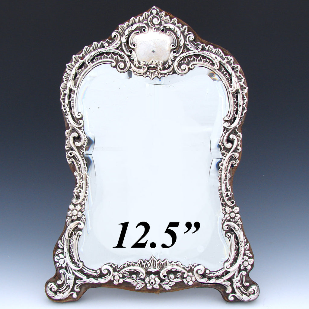 Antique English 1899 Sterling Silver 12.5" Boudoir or Vanity Mirror, Thick Beveled Glass, Rococo