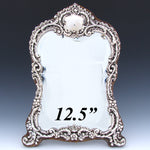 Antique English 1899 Sterling Silver 12.5" Boudoir or Vanity Mirror, Thick Beveled Glass, Rococo