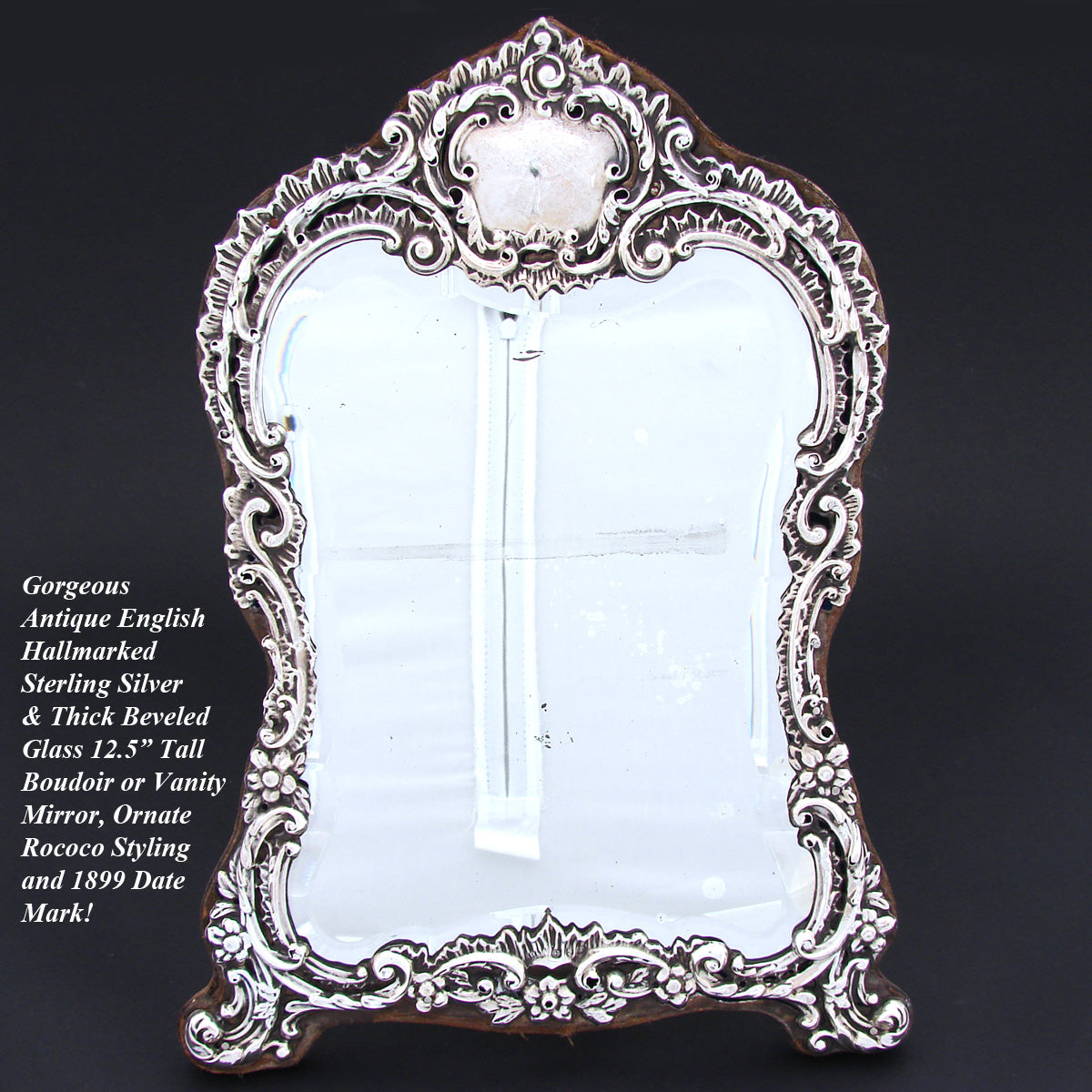 Antique English 1899 Sterling Silver 12.5" Boudoir or Vanity Mirror, Thick Beveled Glass, Rococo