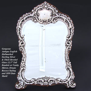 Antique English 1899 Sterling Silver 12.5" Boudoir or Vanity Mirror, Thick Beveled Glass, Rococo