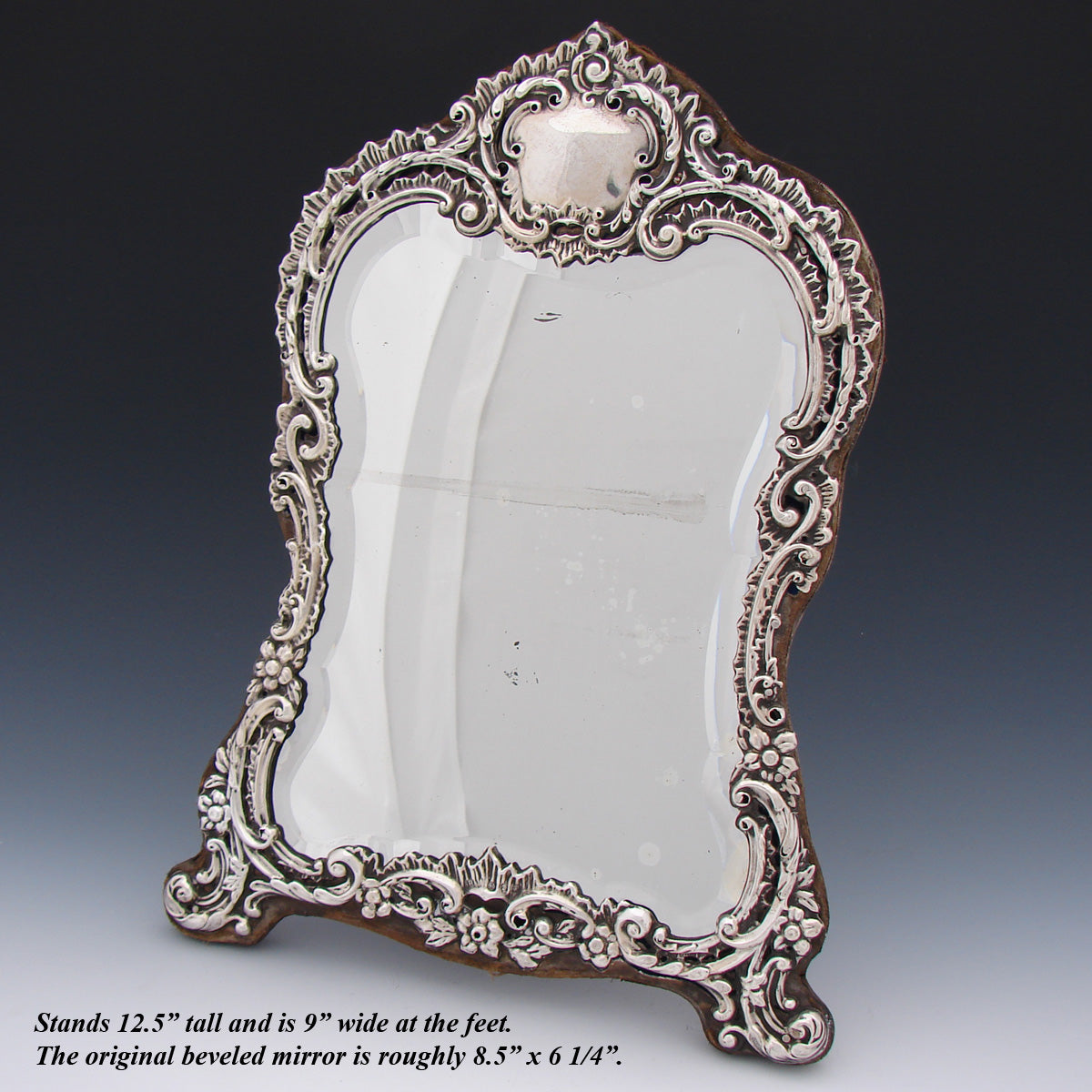 Antique English 1899 Sterling Silver 12.5" Boudoir or Vanity Mirror, Thick Beveled Glass, Rococo