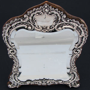 Antique English 1899 Sterling Silver 12.5" Boudoir or Vanity Mirror, Thick Beveled Glass, Rococo