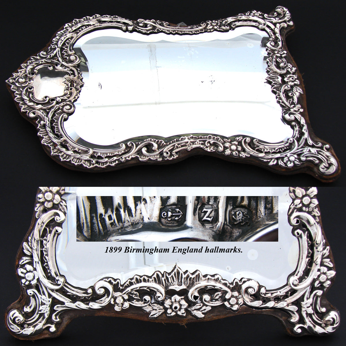 Antique English 1899 Sterling Silver 12.5" Boudoir or Vanity Mirror, Thick Beveled Glass, Rococo