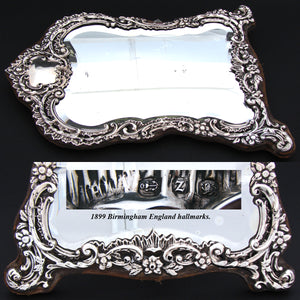 Antique English 1899 Sterling Silver 12.5" Boudoir or Vanity Mirror, Thick Beveled Glass, Rococo