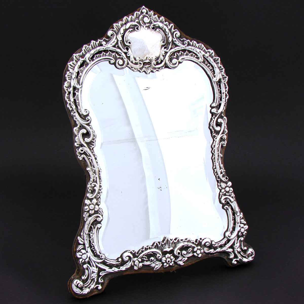 Antique English 1899 Sterling Silver 12.5" Boudoir or Vanity Mirror, Thick Beveled Glass, Rococo