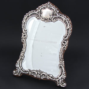 Antique English 1899 Sterling Silver 12.5" Boudoir or Vanity Mirror, Thick Beveled Glass, Rococo