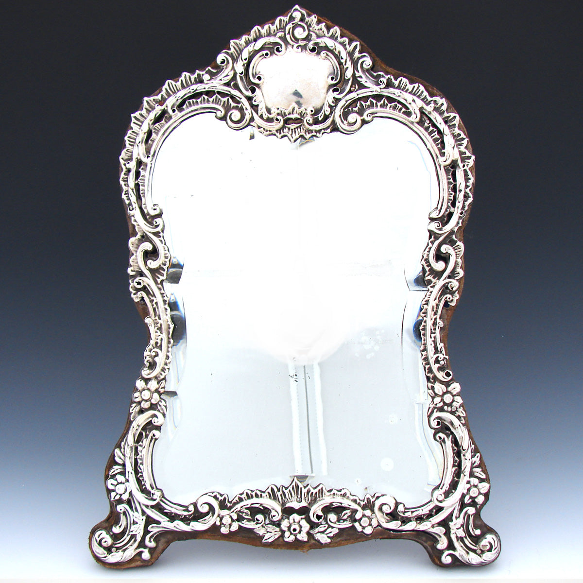 Antique English 1899 Sterling Silver 12.5" Boudoir or Vanity Mirror, Thick Beveled Glass, Rococo