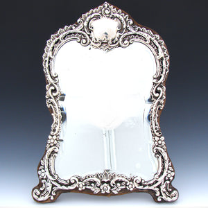 Antique English 1899 Sterling Silver 12.5" Boudoir or Vanity Mirror, Thick Beveled Glass, Rococo