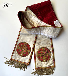 Antique French Catholic Maniple, Ceremonial Stole, Silk and Embroidery, Gold Metallic Fringe Trim