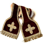 Antique French Catholic Maniple, 88" Ceremonial Stole, Velvet and Embroidery, Gold Metallic Fringe Trim