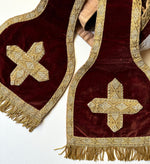 Antique French Catholic Maniple, 88" Ceremonial Stole, Velvet and Embroidery, Gold Metallic Fringe Trim