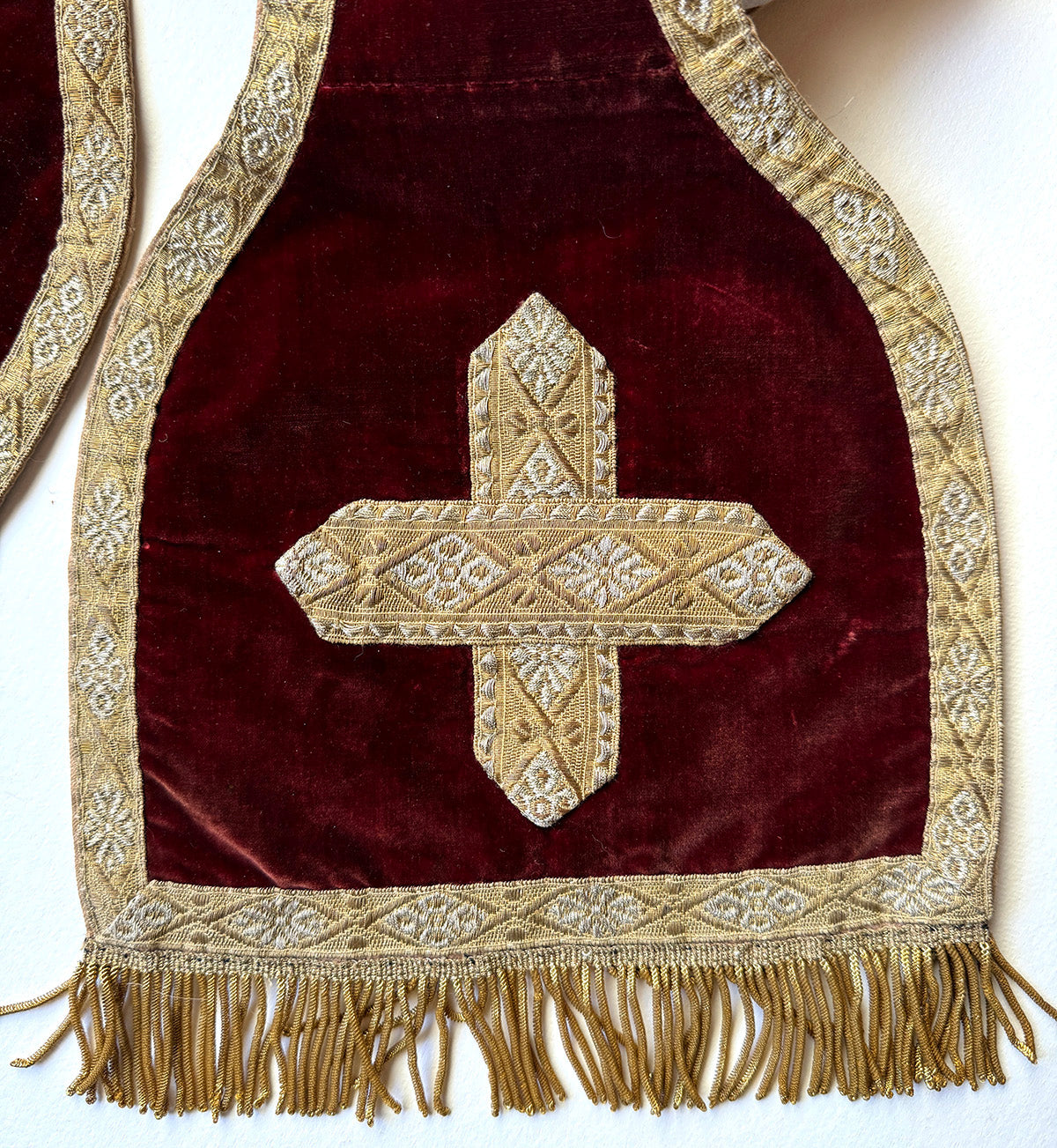 Antique French Catholic Maniple, 88" Ceremonial Stole, Velvet and Embroidery, Gold Metallic Fringe Trim