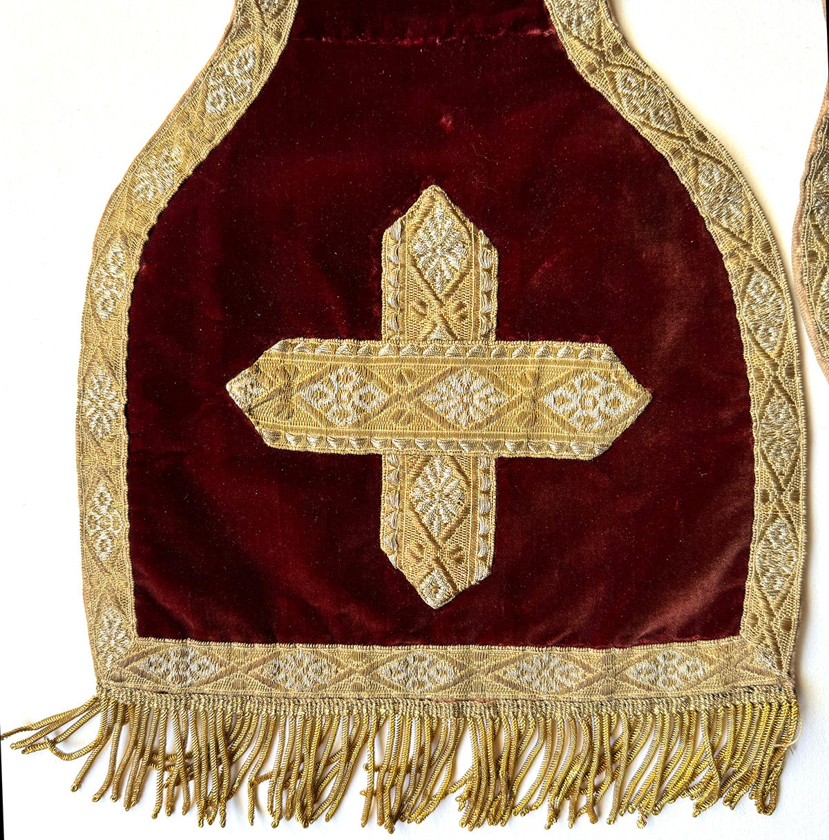 Antique French Catholic Maniple, 88" Ceremonial Stole, Velvet and Embroidery, Gold Metallic Fringe Trim