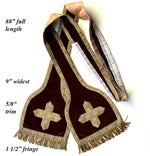 Antique French Catholic Maniple, 88" Ceremonial Stole, Velvet and Embroidery, Gold Metallic Fringe Trim