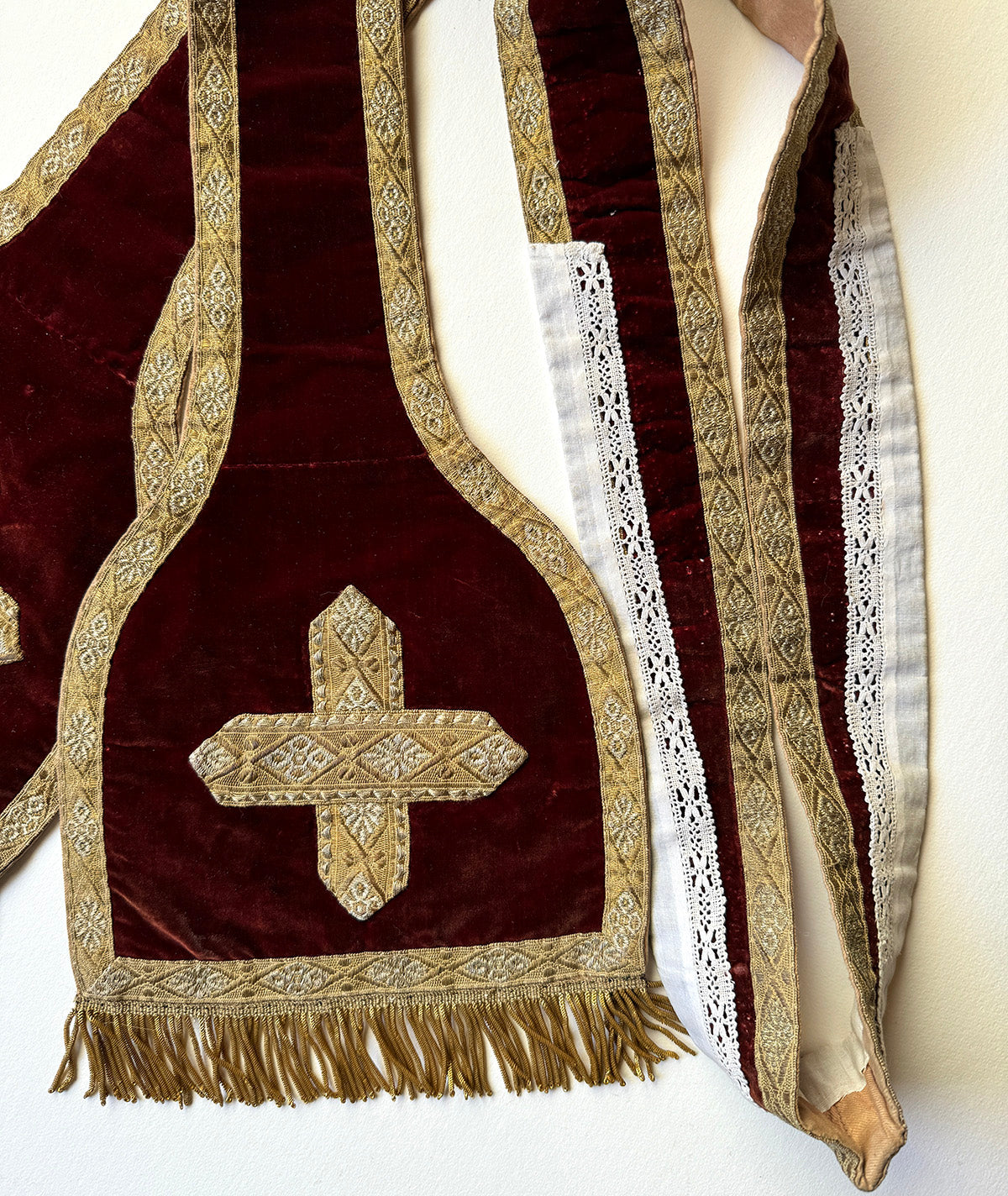 Antique French Catholic Maniple, 88" Ceremonial Stole, Velvet and Embroidery, Gold Metallic Fringe Trim