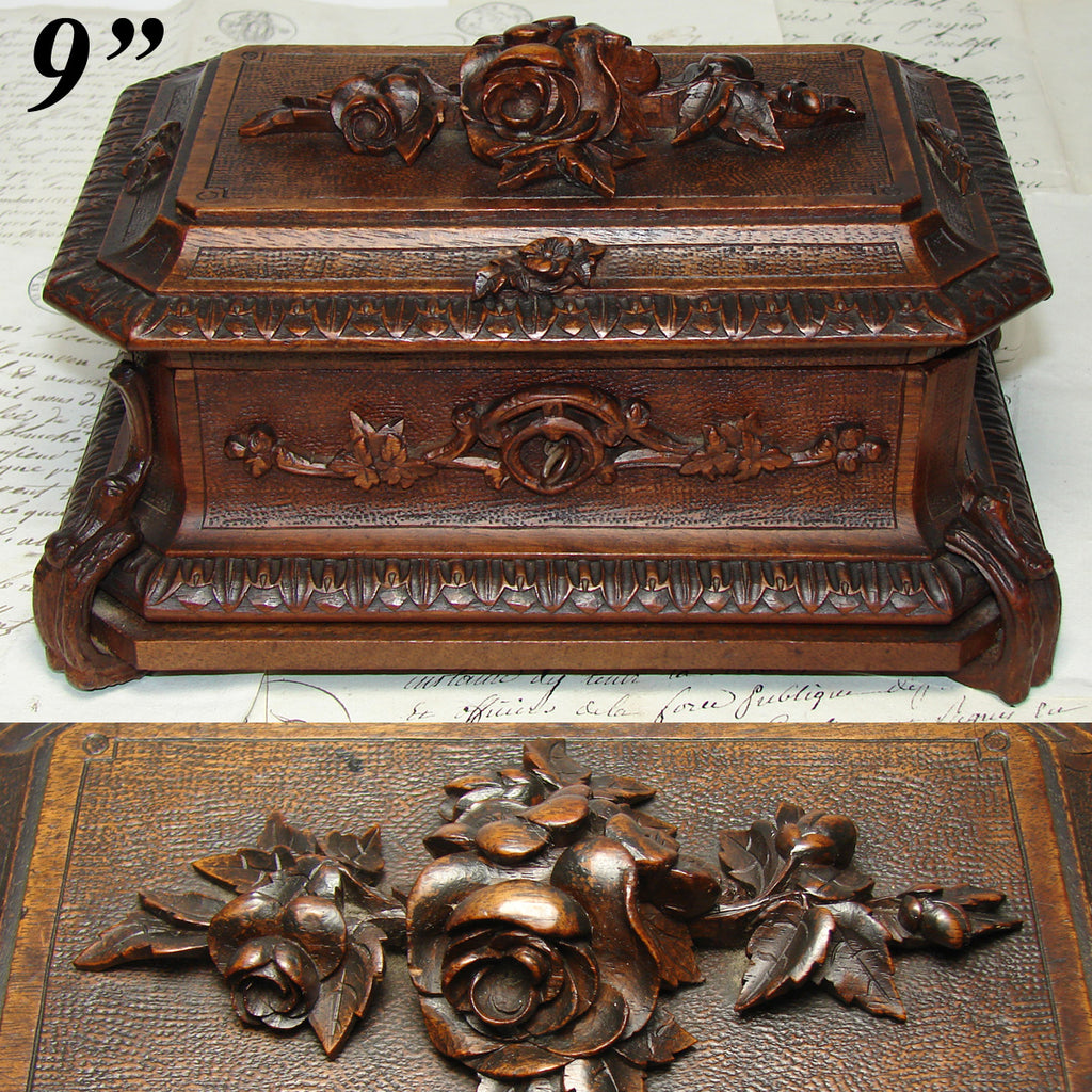 Beautiful Antique Swiss Black Forest Hand Carved 9" Jewelry or Desk Box, Casket with Floral Carvings