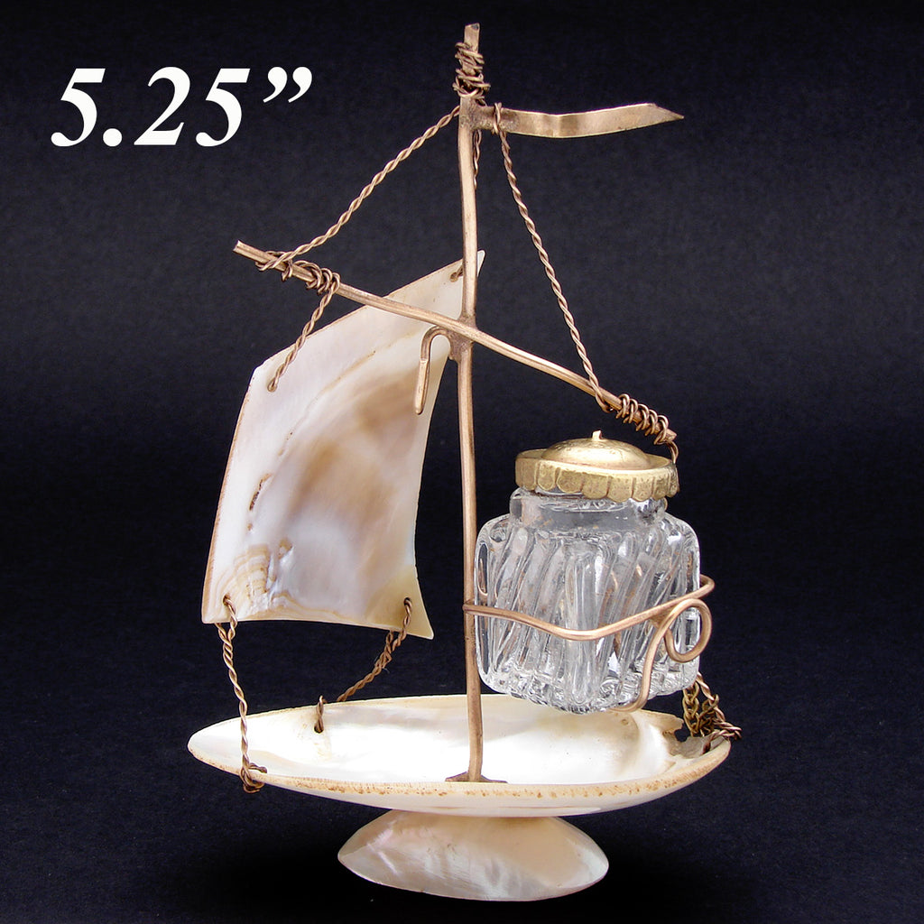 Charming Antique French Mother of Pearl Sailboat Inkwell & Pocket Watch Stand, Holder