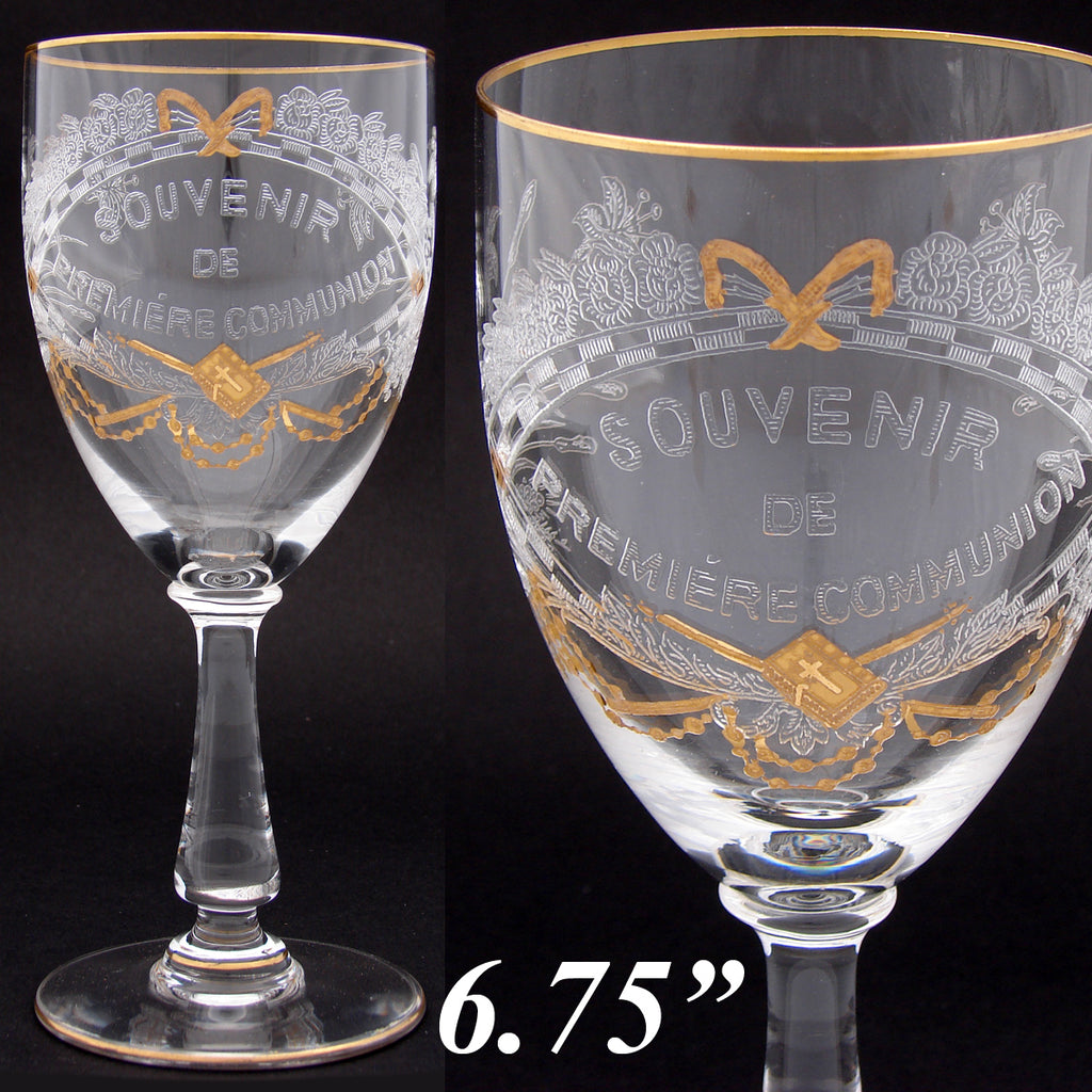 Antique French 6.75" Goblet, 1st Communion Souvenir Inscription with Gold Enamel Decoration
