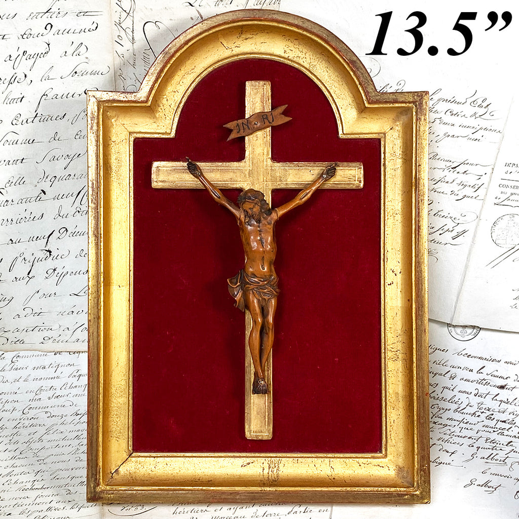 Antique French Victorian to Early Edwardian Era Altar Style Crucifix, Hand Carved Christ Figure