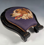 Antique Victorian Era 14" Footstool, Horseshoe Shape with St. Bernard Dog Needlepoint