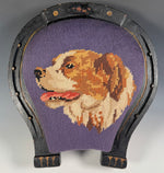 Antique Victorian Era 14" Footstool, Horseshoe Shape with St. Bernard Dog Needlepoint