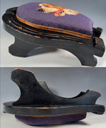 Antique Victorian Era 14" Footstool, Horseshoe Shape with St. Bernard Dog Needlepoint