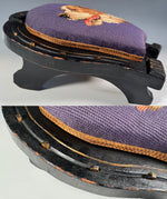 Antique Victorian Era 14" Footstool, Horseshoe Shape with St. Bernard Dog Needlepoint