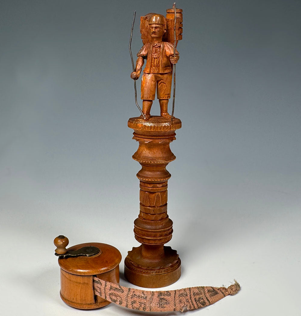 Antique Black Forest Carved Spool & Needle Case, a Hiking Figure PLUS English Treen Measuring Tape