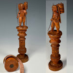 Antique Black Forest Carved Spool & Needle Case, a Hiking Figure PLUS English Treen Measuring Tape