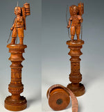Antique Black Forest Carved Spool & Needle Case, a Hiking Figure PLUS English Treen Measuring Tape