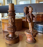 Antique Black Forest Carved Spool & Needle Case, a Hiking Figure PLUS English Treen Measuring Tape