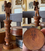 Antique Black Forest Carved Spool & Needle Case, a Hiking Figure PLUS English Treen Measuring Tape