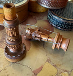 Antique Black Forest Carved Spool & Needle Case, a Hiking Figure PLUS English Treen Measuring Tape