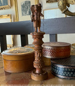 Antique Black Forest Carved Spool & Needle Case, a Hiking Figure PLUS English Treen Measuring Tape