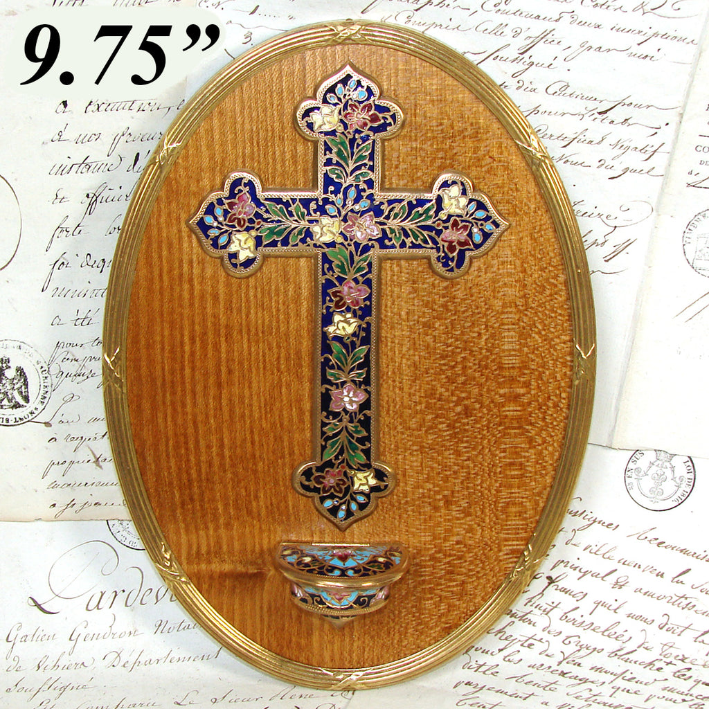 Antique French Champleve Enamel Cross & Holy Water Font on Wood Mat in 9.75" Oval Frame