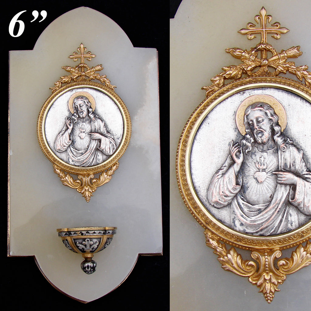 Antique French Holy Water Font, Figural Medallion of Christ & Sacred Heart on White Marble & Bronze Back