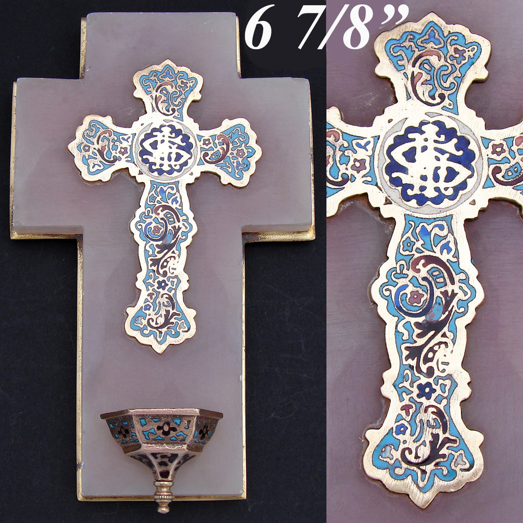 Antique French Napoleon III Holy Water Font, Champleve Enamel Cross on Pink Marble