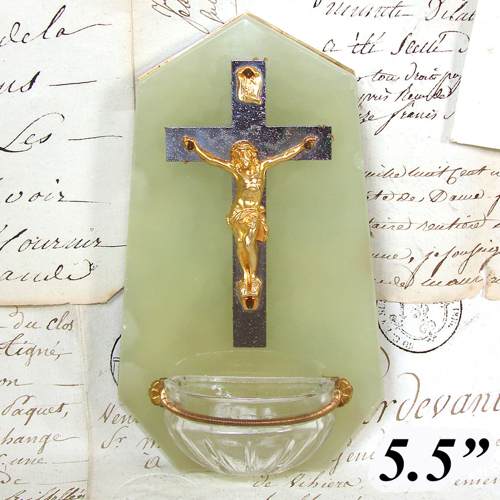 Antique French Edwardian Era Holy Water Font, Crucified Christ on Green Marble