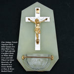 Antique French Edwardian Era Holy Water Font, Crucified Christ on Green Marble
