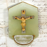 Antique French Edwardian Era Holy Water Font, Crucified Christ on Green Marble