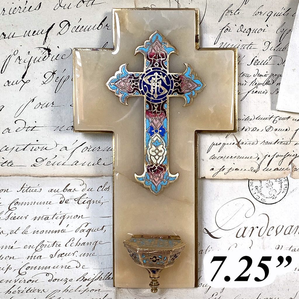 Antique French Napoleon III Holy Water Font, Champleve Enamel Cross on White Marble