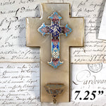 Antique French Napoleon III Holy Water Font, Champleve Enamel Cross on White Marble
