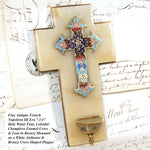 Antique French Napoleon III Holy Water Font, Champleve Enamel Cross on White Marble