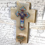 Antique French Napoleon III Holy Water Font, Champleve Enamel Cross on White Marble