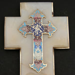 Antique French Napoleon III Holy Water Font, Champleve Enamel Cross on White Marble