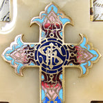 Antique French Napoleon III Holy Water Font, Champleve Enamel Cross on White Marble