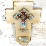 Antique French Napoleon III Holy Water Font, Champleve Enamel Cross on White Marble