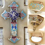 Antique French Napoleon III Holy Water Font, Champleve Enamel Cross on White Marble