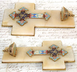 Antique French Napoleon III Holy Water Font, Champleve Enamel Cross on White Marble