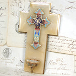 Antique French Napoleon III Holy Water Font, Champleve Enamel Cross on White Marble